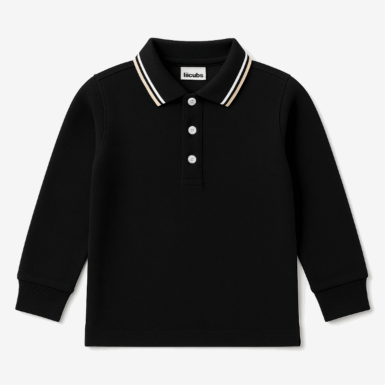 Kids Long Sleeve Polo Shirt – Black with Tipped Collar (2–10 Years) | Lil Cubs