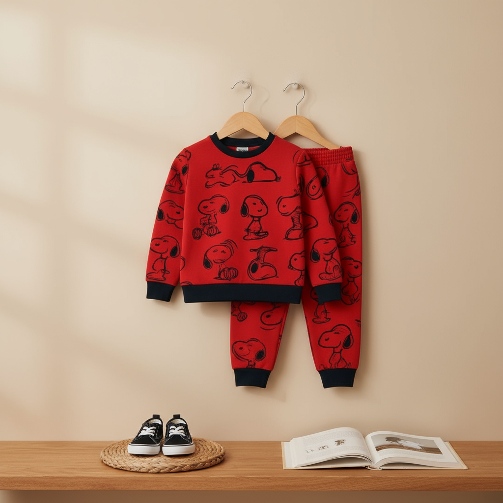 Snoopy & Woodstock Sweatshirt Set – Red Cartoon All-Over Print