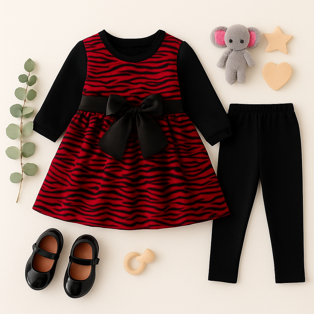 Red & Black Zebra Print Dress Set with Bow - Girls' Two-Piece Outfit