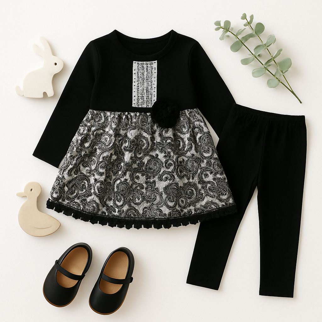 Elegant Black & White Paisley Dress Set - Girls' Formal Outfit