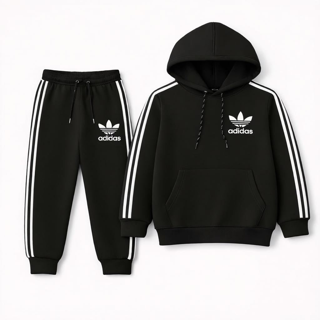 Black Adidas-Inspired Fleece Tracksuit