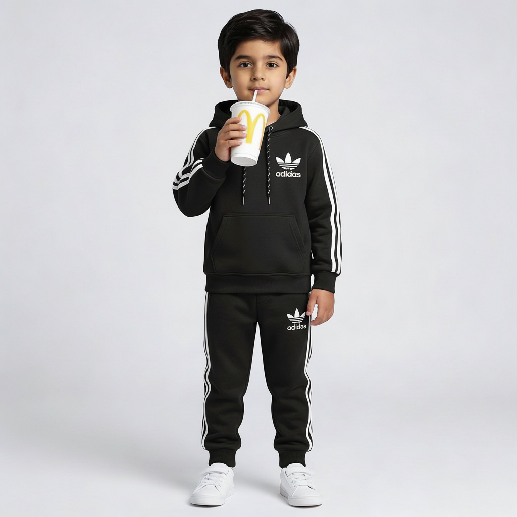 Black Adidas-Inspired Fleece Tracksuit