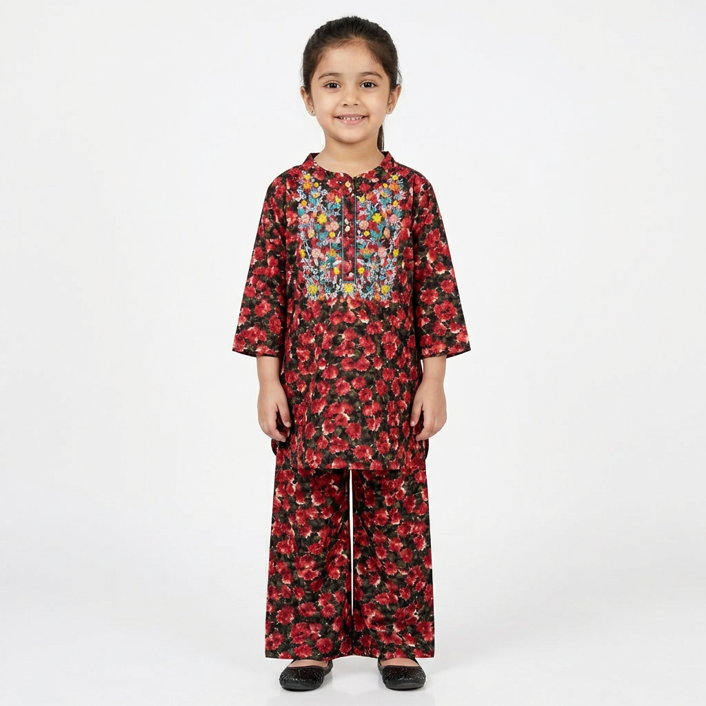 Red Pastel Print Kurti Pajma (2-Piece)