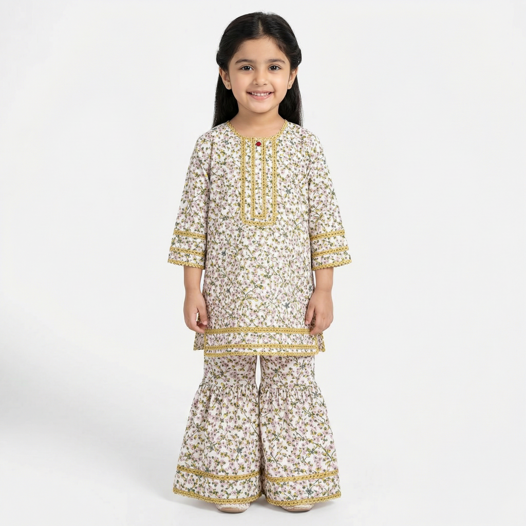 White Floral Print Kurti Shahrara (2-Piece)