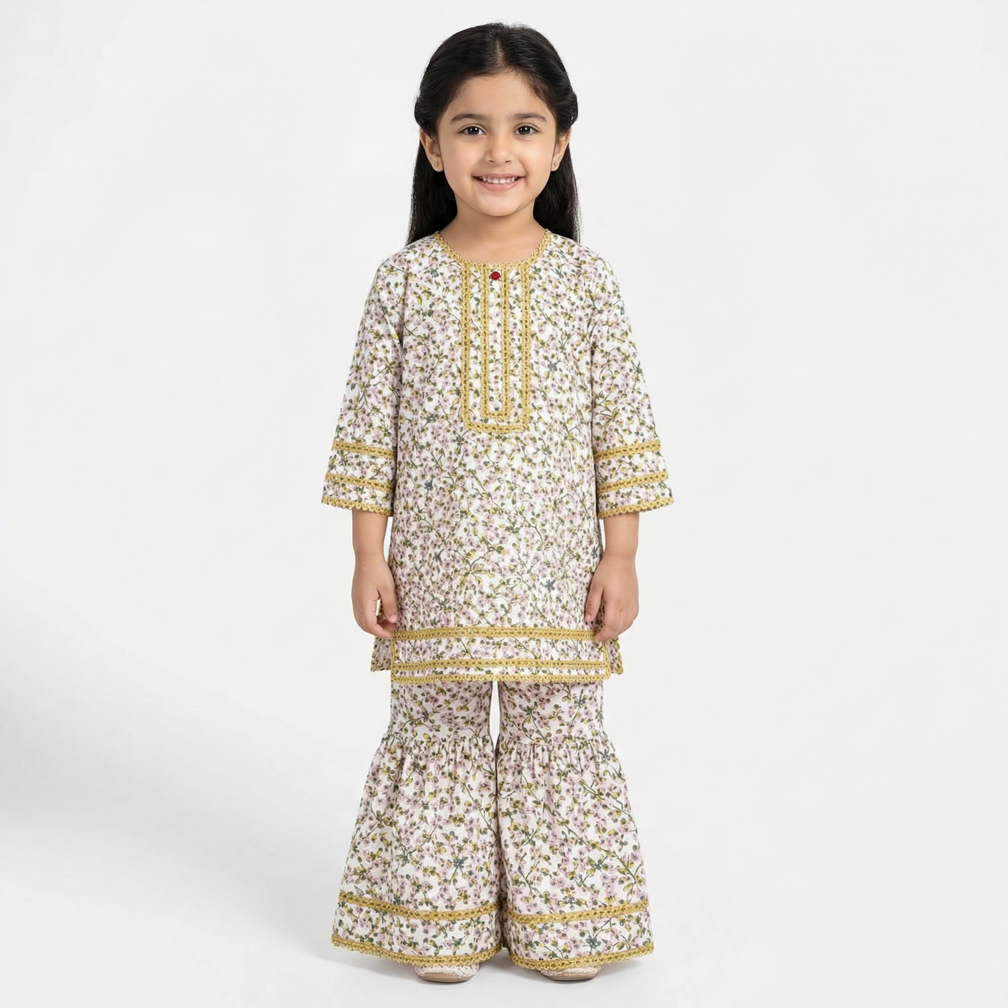 White Floral Print Kurti Shahrara (2-Piece)