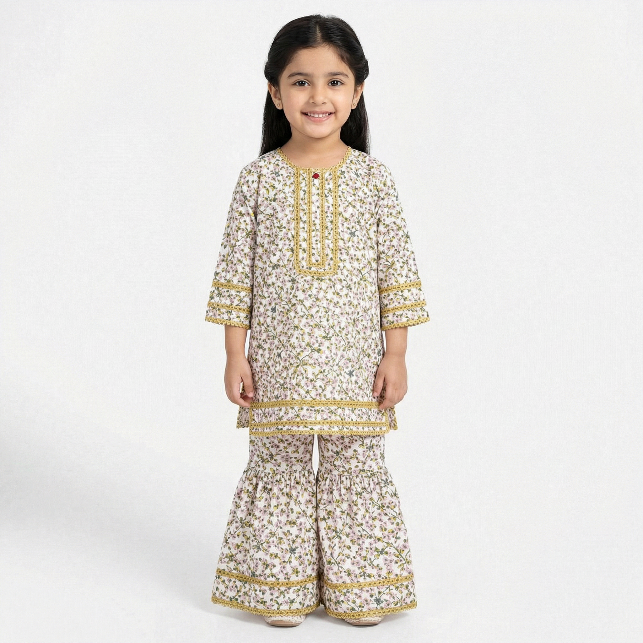 White Floral Print Kurti Shahrara (2-Piece) - Lil' Cubs