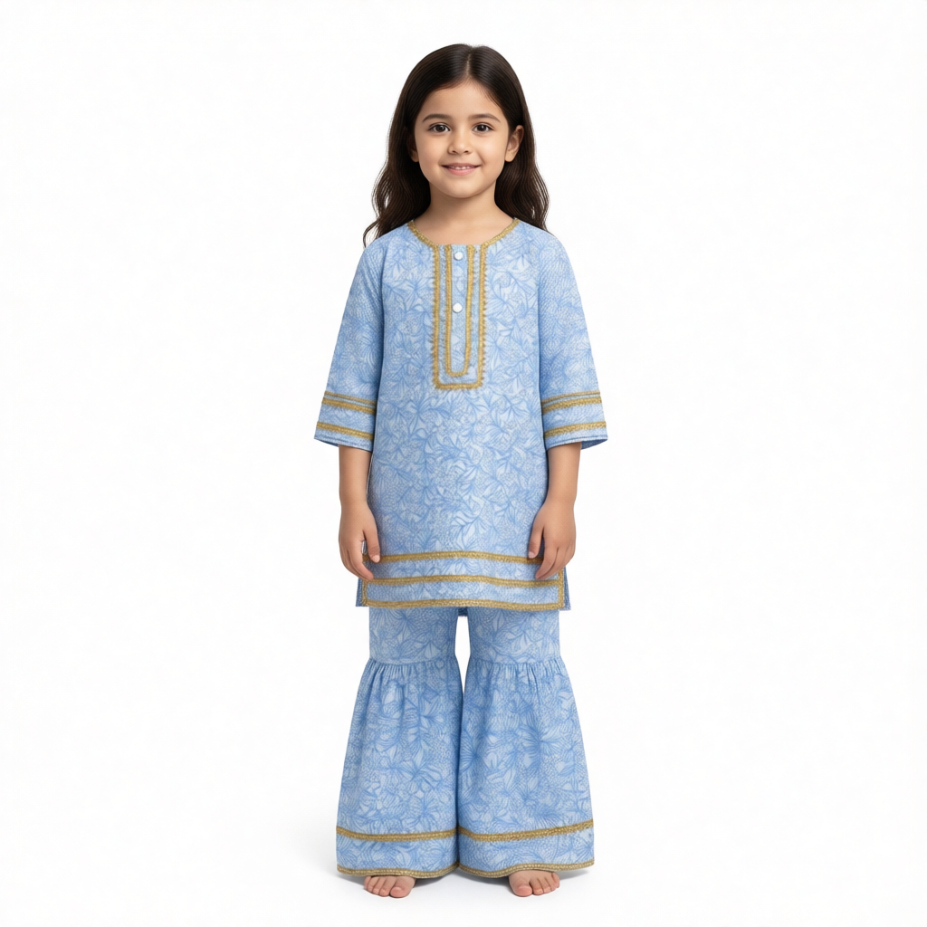 Sky Blue Floral Print Kurti Shahrara (2-Piece) - Lil' Cubs