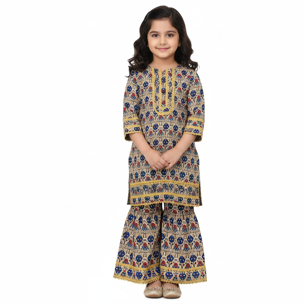 Brown floral print girls' kurti pajama set by lilcubspk featuring a stylish kurti and shahrara with vibrant floral patterns.