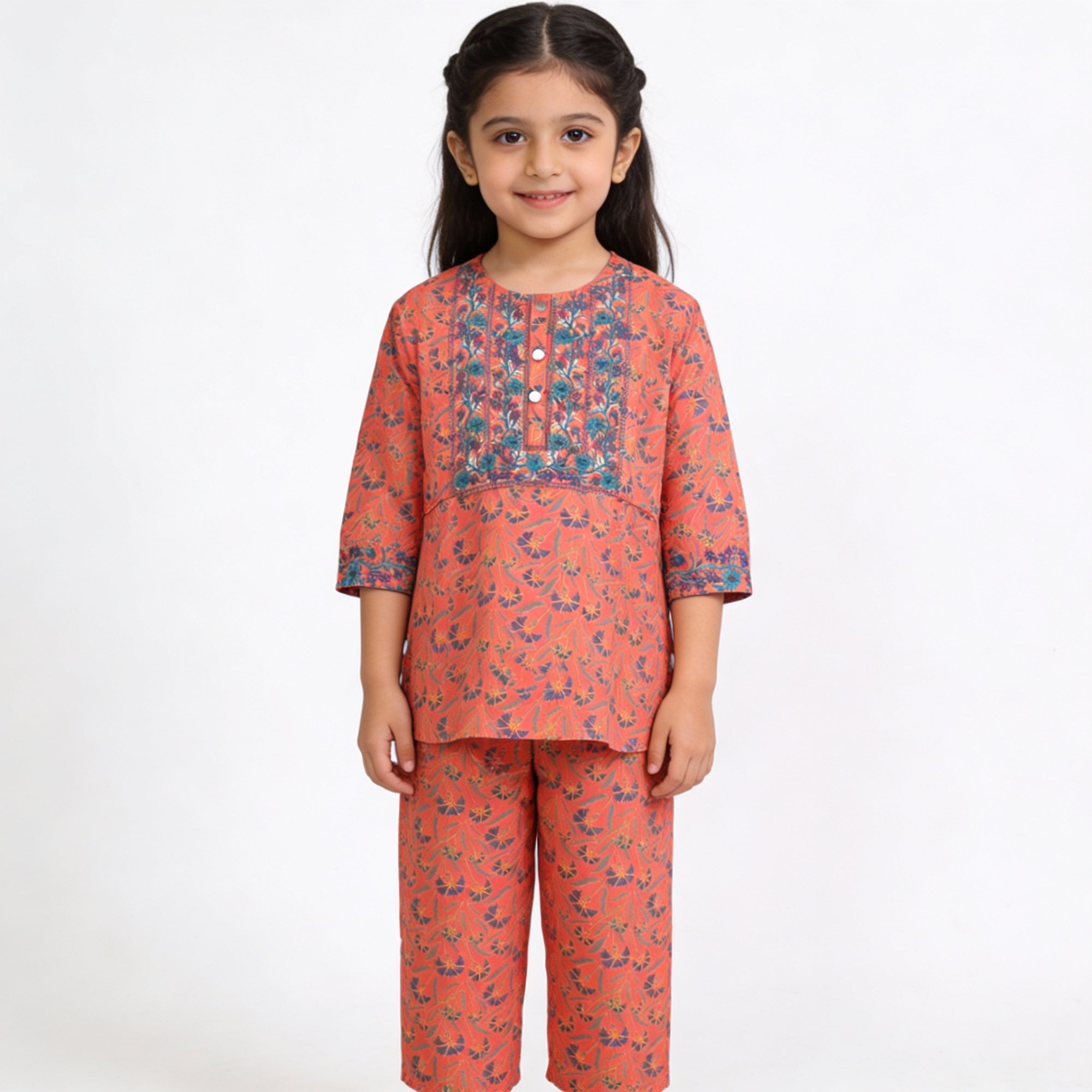 Orange Floral Print Kurti Pajma (2-Piece)