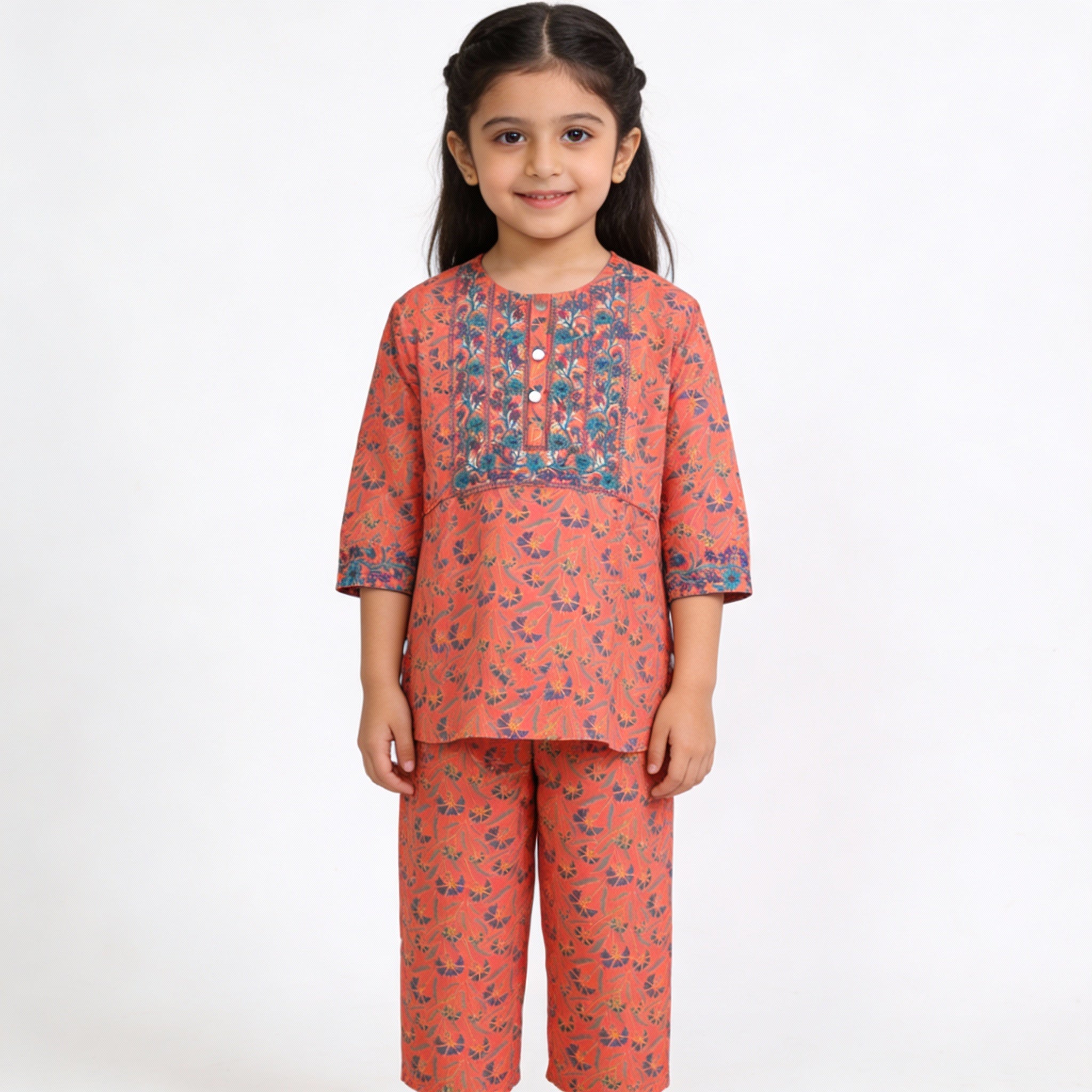 Orange floral print girls' kurti pajama set by lilcubspk, featuring a vibrant kurti top and matching pajama bottoms.