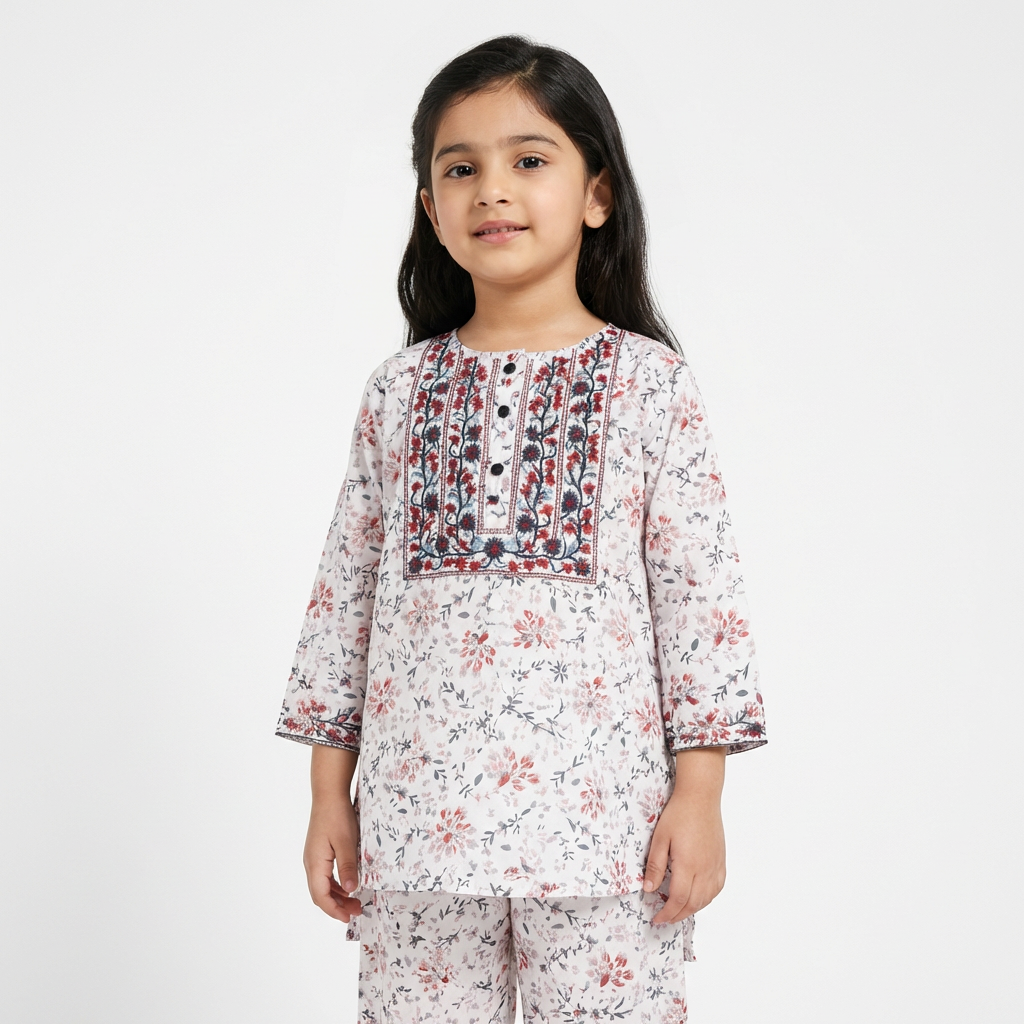 White Floral Print Kurti Plain Pajma (2-Piece) - Lil' Cubs