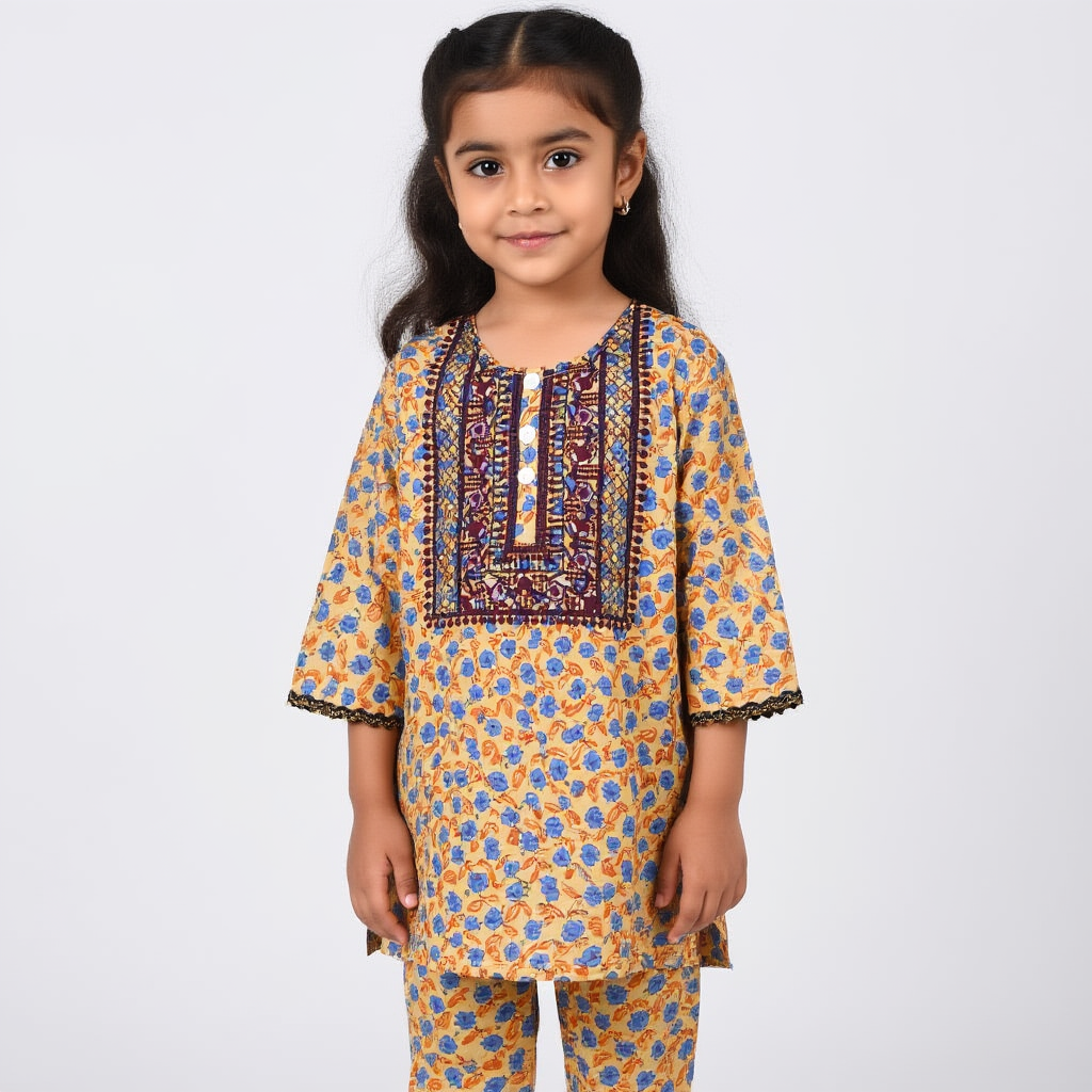 Light Yellow Pastel Print Kurti Pajma (2-Piece) - Lil' Cubs