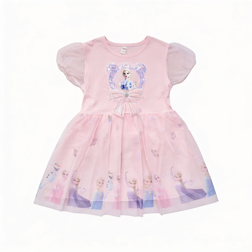 Pink Barbie print frock for girls by lilcubspk with colorful Barbie character design, featuring a soft, comfortable fabric.
