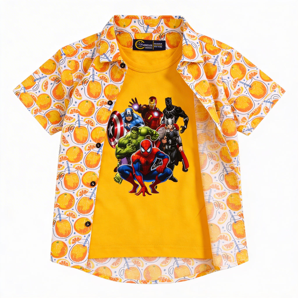 Yellow Orange Casual Shirt with Super Heros Print T-Shirt