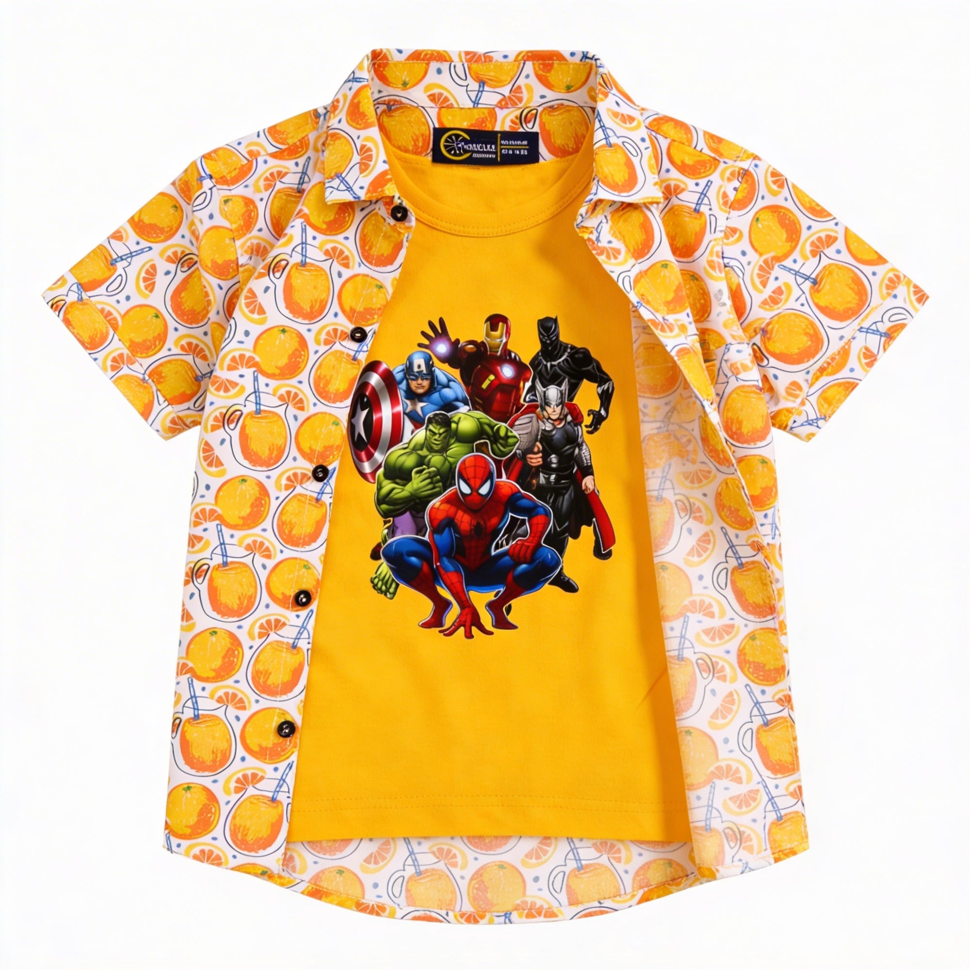 Yellow Orange Casual Shirt with Super Heros Print T-Shirt