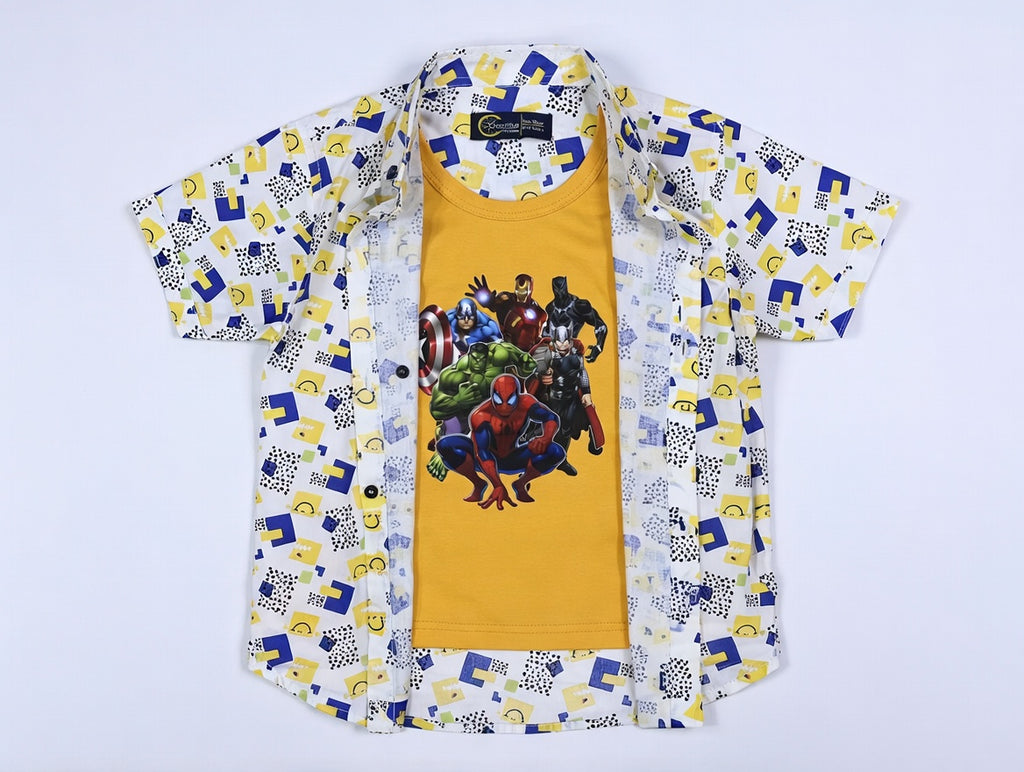 White Smile Casual Shirt with Super Heros Print T-Shirt - Lil' Cubs