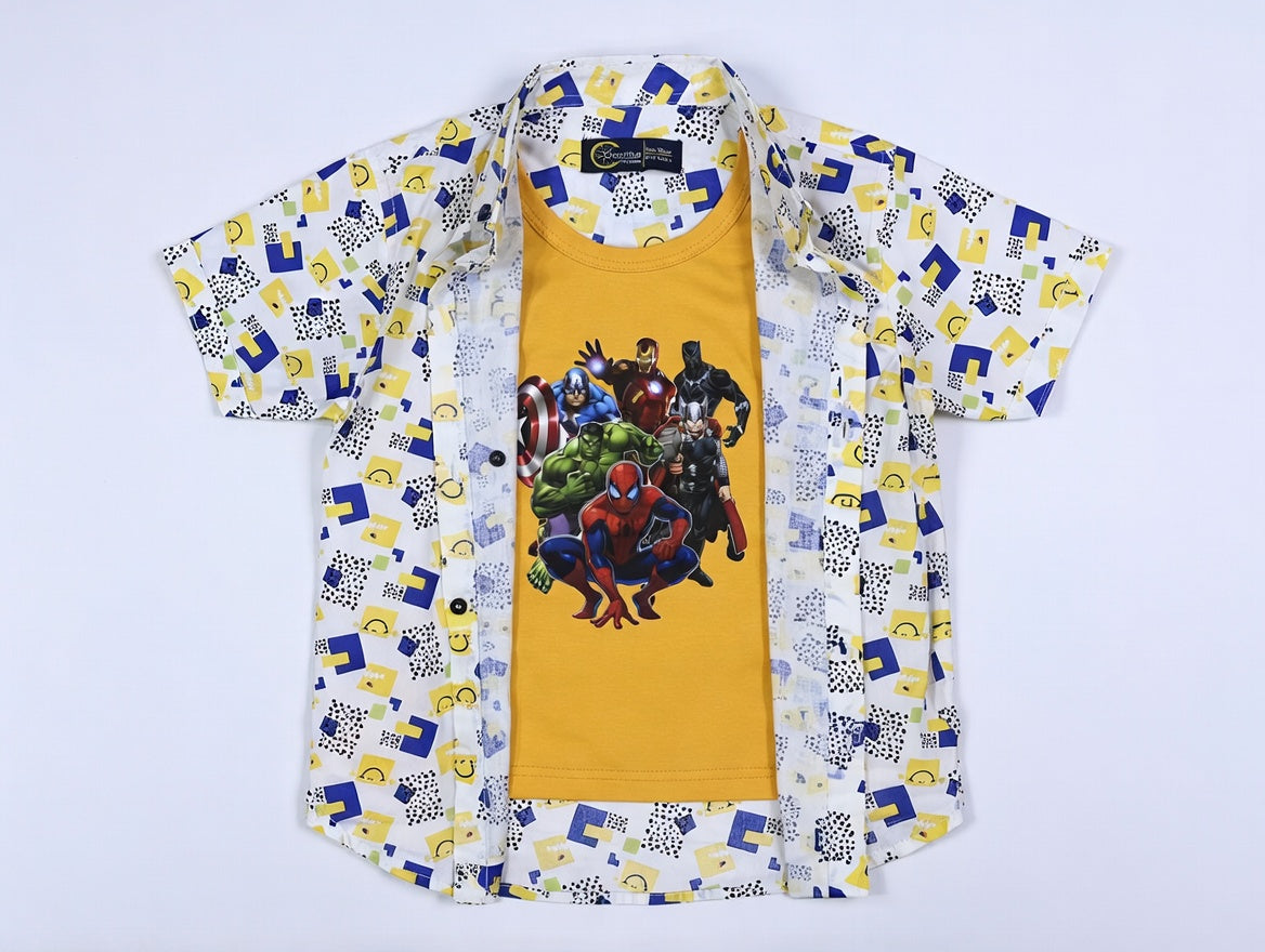 White Smile Casual Shirt with Super Heros Print T-Shirt