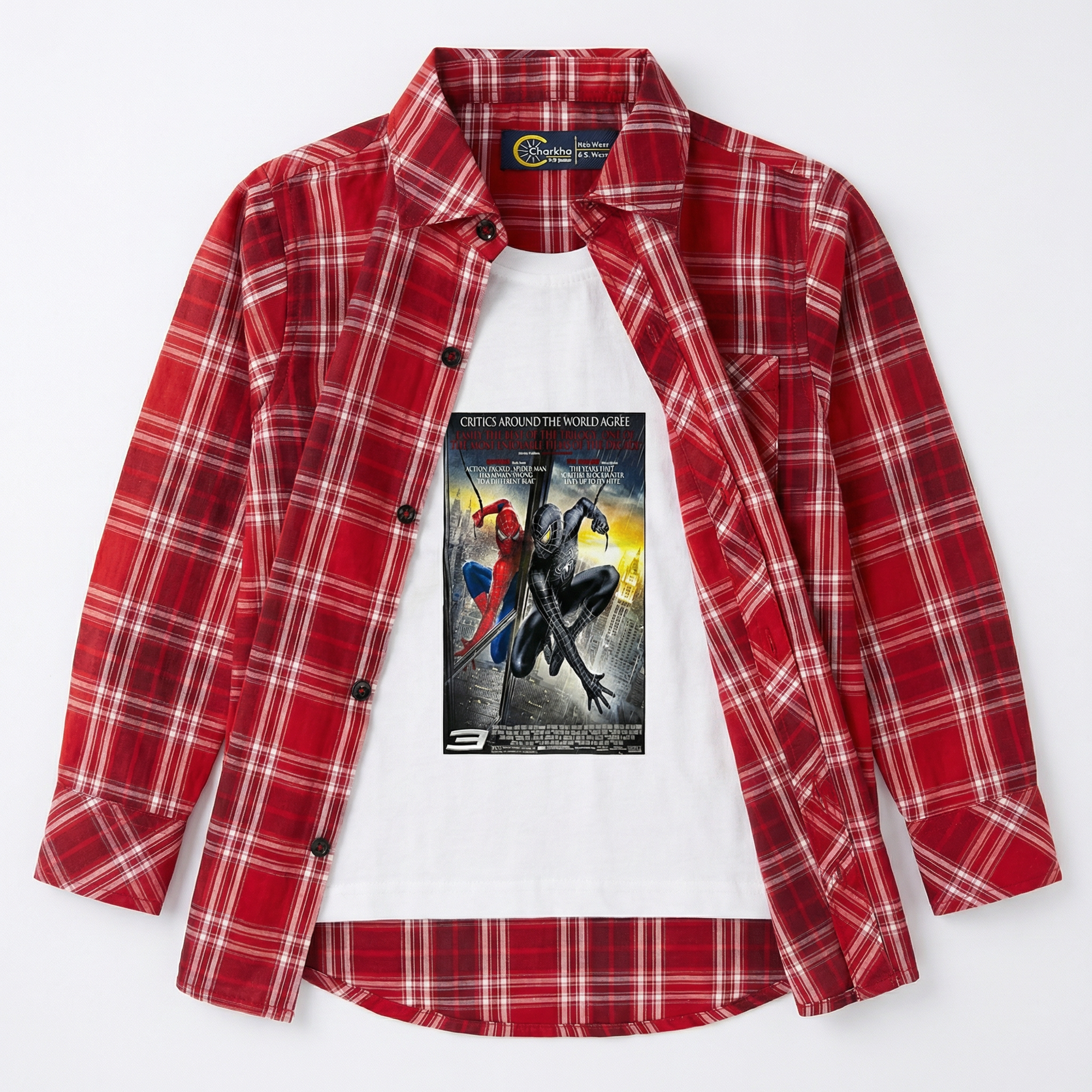 Red Checked Casual Shirt with Spiderman Print T-Shirt
