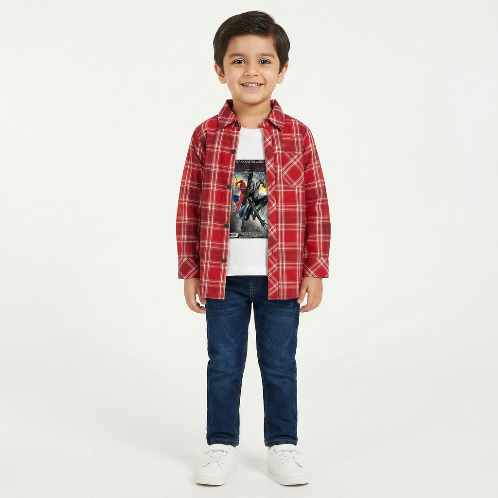 Red Checked Casual Shirt with Spiderman Print T-Shirt