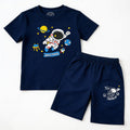 Navy blue space-themed summer coord set for kids by Lil' Cubs, featuring shorts and matching top with celestial print.