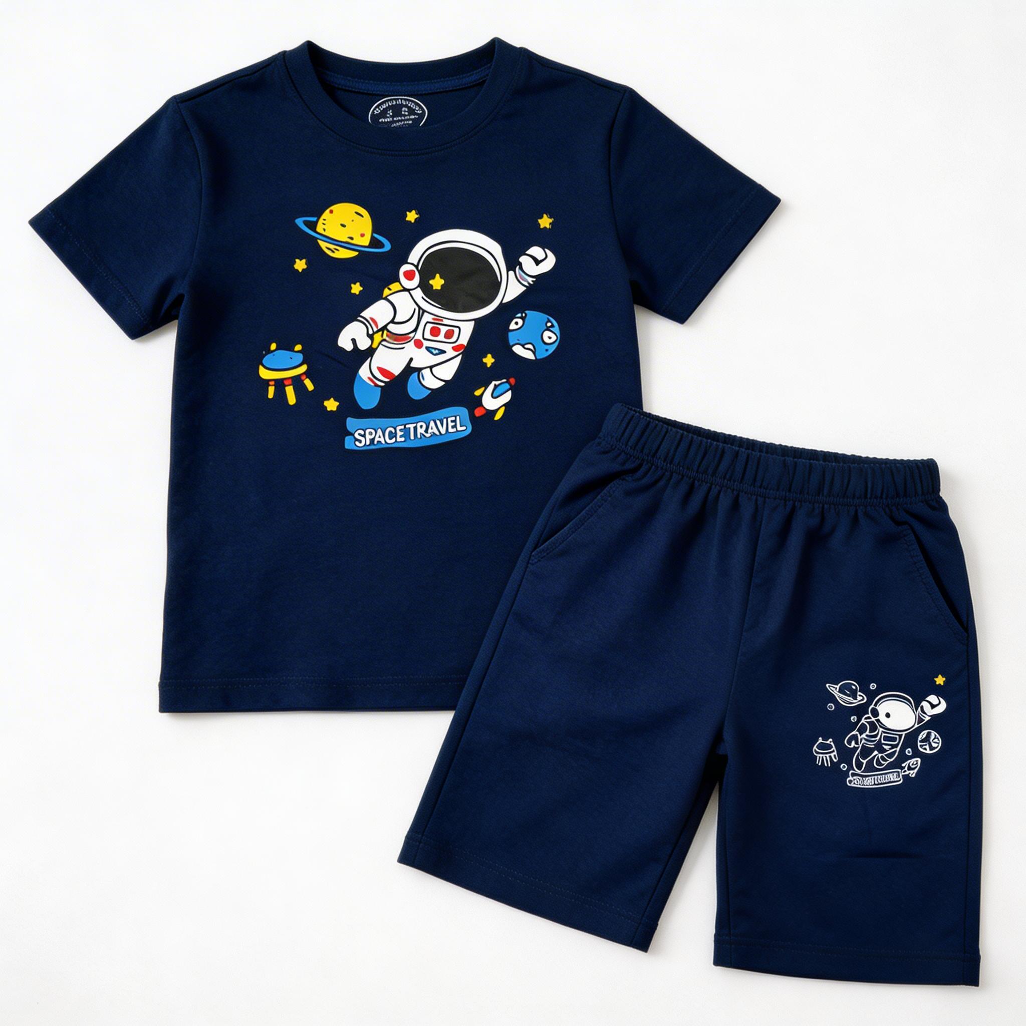 Navy blue space-themed summer coord set for kids by Lil' Cubs, featuring shorts and matching top with celestial print.