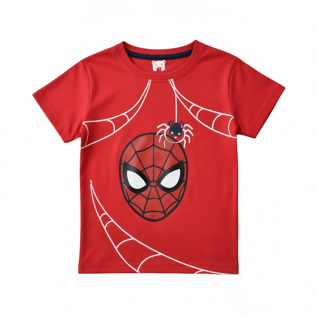 Red spiderweb summer coord set for kids by Lil' Cubs, featuring a matching top and shorts in a playful design.