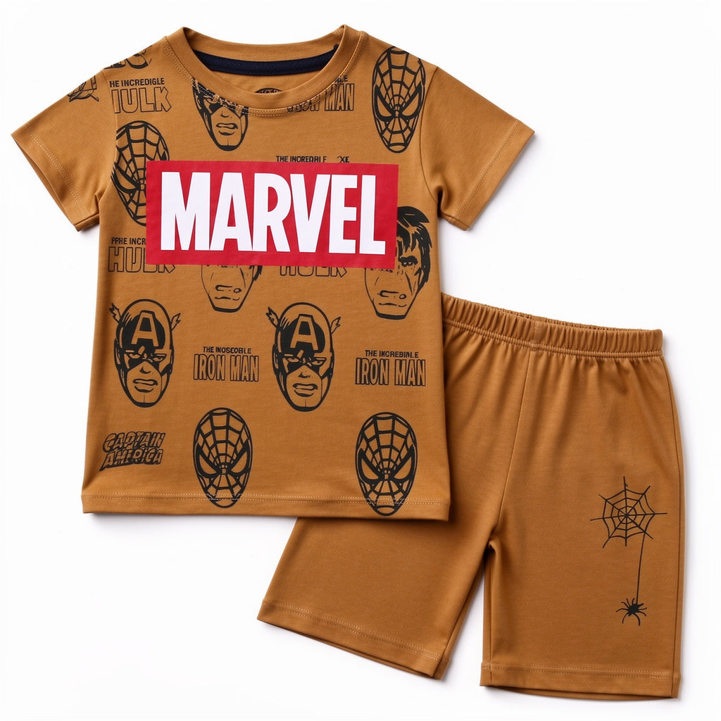 Trendy Kidswear Summer Coord Set - Marvel Print Kids Outfit - Mustard Coord Set - Top Kidswear Brand Pakistan - Jersey Cotton Fabric - Lil' Cubs