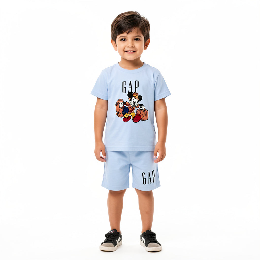 Light blue GAP and Mickey print 2-piece summer coord set for children aged 2-12, featuring comfortable fabric and playful design.