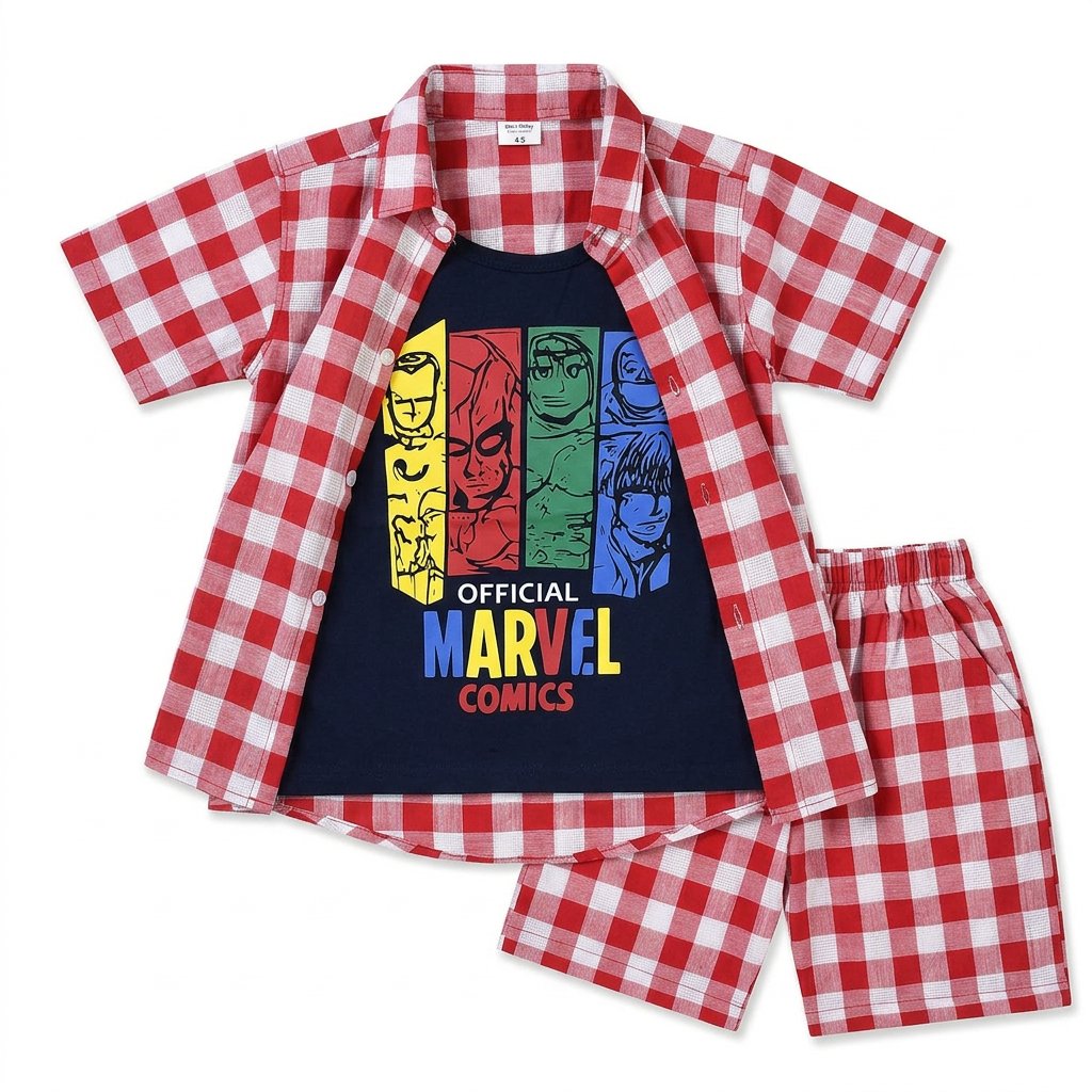 Red Check Marvel Summer Coord Set for Boys (1 - 12 Years)