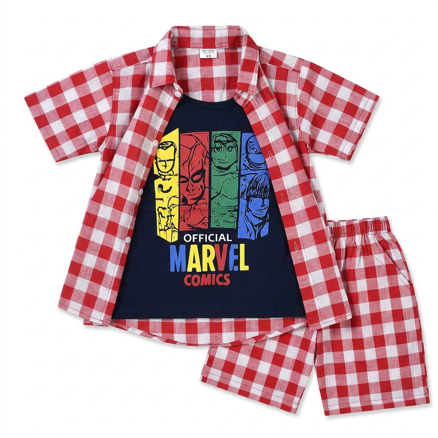 Red Check Marvel Summer Coord Set for Boys (1 - 12 Years) - Lil' Cubs