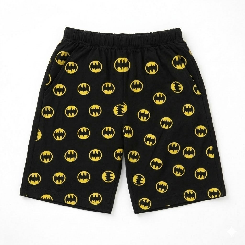 Black Batman print boys' summer coord set by lilcubspk, featuring a short sleeve top and shorts with Batman graphics.