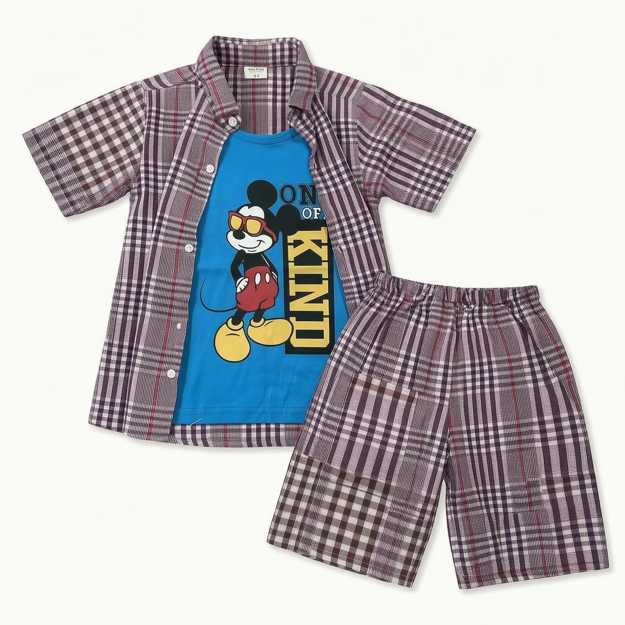 Boys Purple Check Mickey Print Summer Coord Set for Boys (1 - 12 Years)
