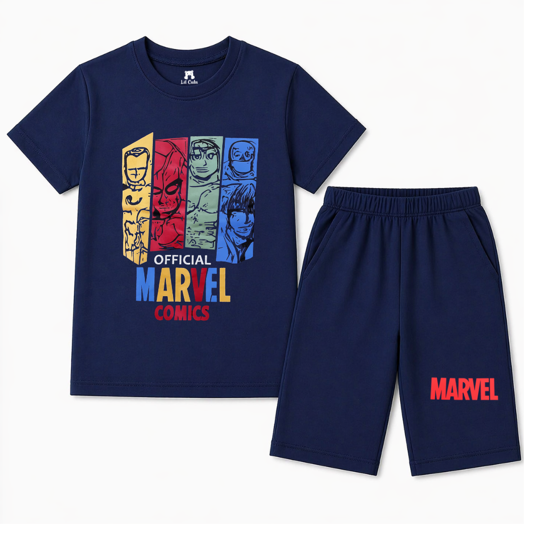 Navy blue summer coord set for kids with Marvel print, includes top and shorts, by lilcubspk, suitable for ages 1-12.