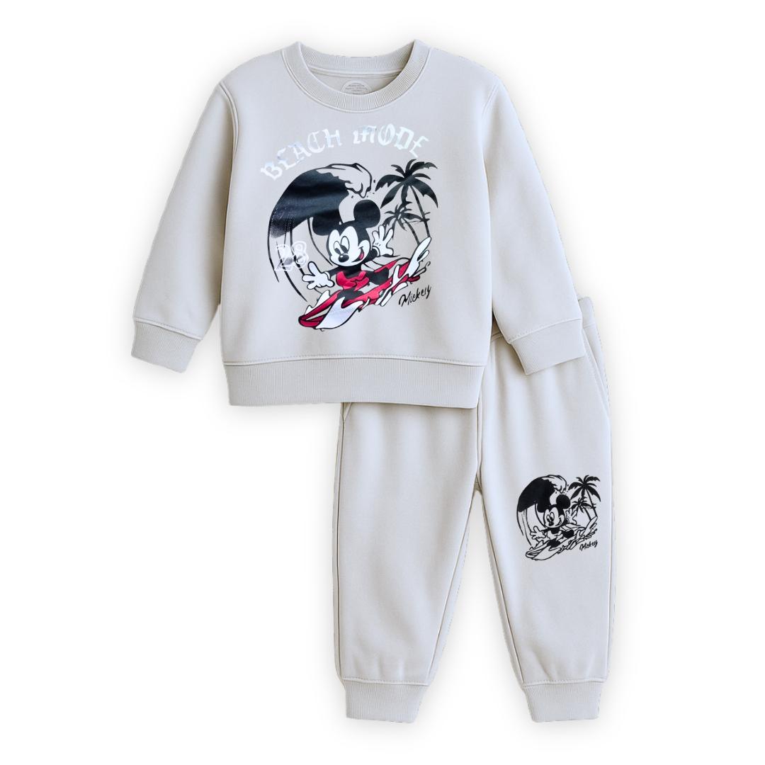 Mickey Mouse Beach Mode Outfit Set – Beige Sweatshirt & Trouser for Boys (1–12 Years)