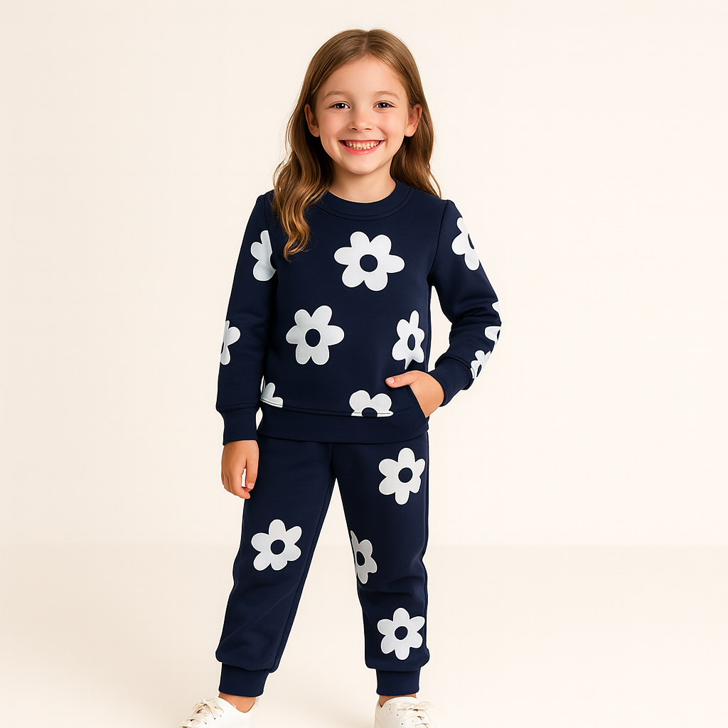 Kids Navy Flower Printed Sweatshirt & Jogger Set with White Sneakers — 2 Piece Outfit