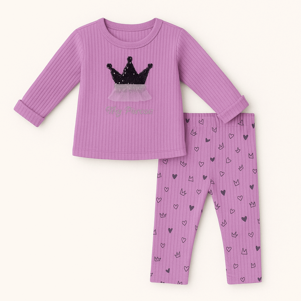 Girls 2-Piece Crown Print Shirt & Heart Leggings Set – Purple (6m–2 Years)