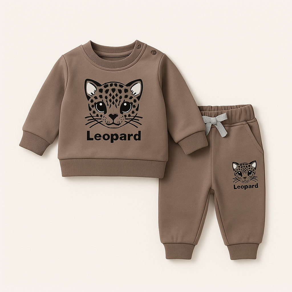 Taupe toddler clothing set with leopard-print sweatshirt and matching jogger trousers, designed for ages 1–2 years

