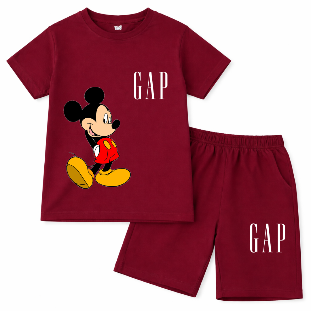 Maroon GAP summer kids' coord set by Lil’ Cubs, two-piece jersey cotton outfit with short sleeves and shorts for children.