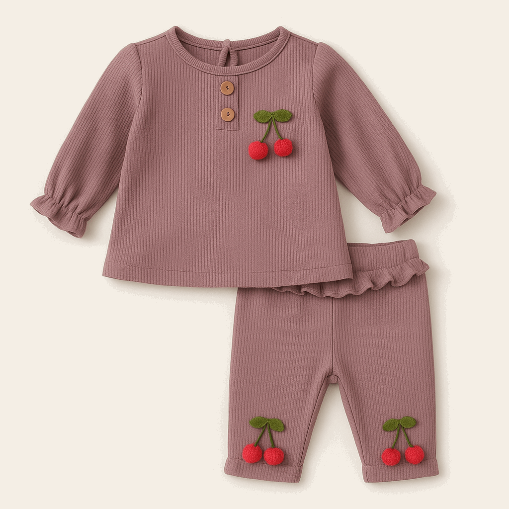 Cherry Pom-Pom Ribbed Toddler Set – 2-Piece Long Sleeve Top & Leggings (1–2 Years)