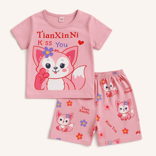 Adorable Pink Cartoon Fox Shirt & Shorts Set for Girls (1–5Y)