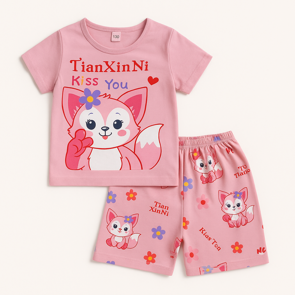 Adorable Pink Cartoon Fox Shirt & Shorts Set for Girls (1–5Y)