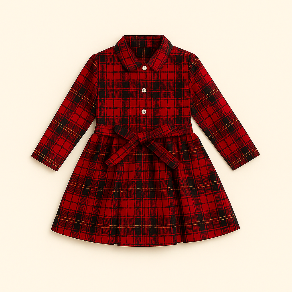 Classic Red Plaid Belted Dress – Girls (2–8 Years)