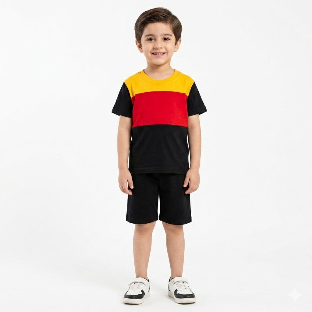Boys Summer 2 Piece Coord Set – Black Red Yellow Jersey Cotton (1 - 12 Years)