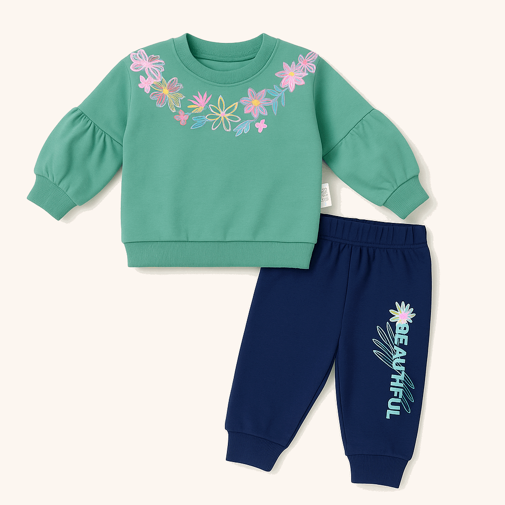 Mint Green Floral Sweatshirt & Navy Jogger Set for Girls (1–2 Years)