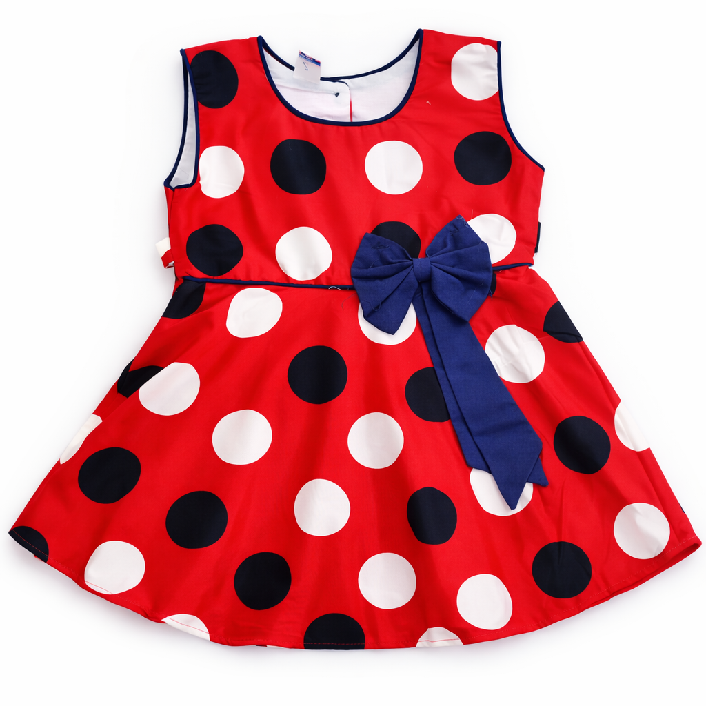 Red lilcubspk frock with circle print, two-piece design, lightweight fabric, and sleeveless style for girls.