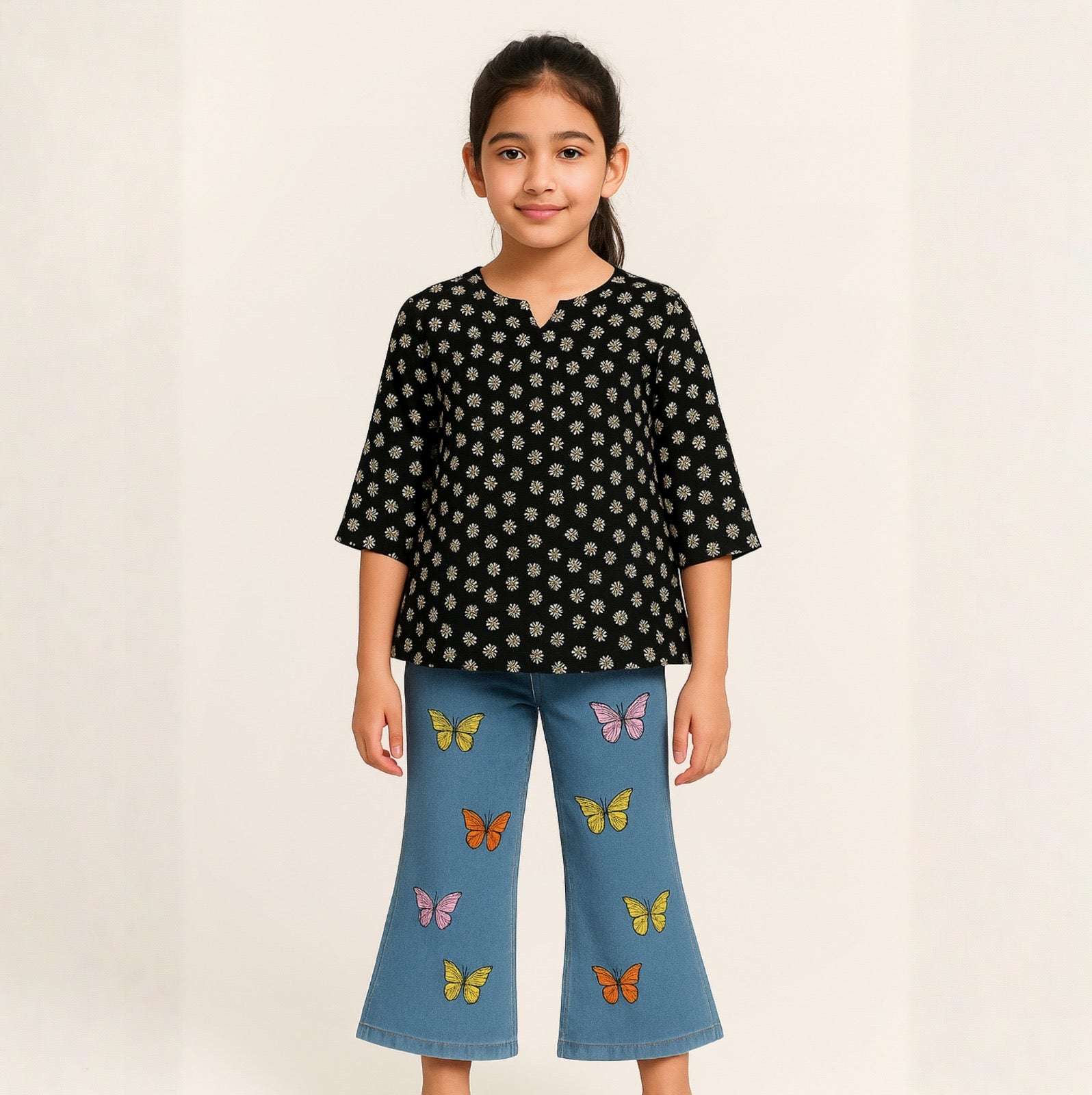 Chic & Comfy Black Blossom Chiffon Top – Classic Elegance for Your Little Star! Signature Collection