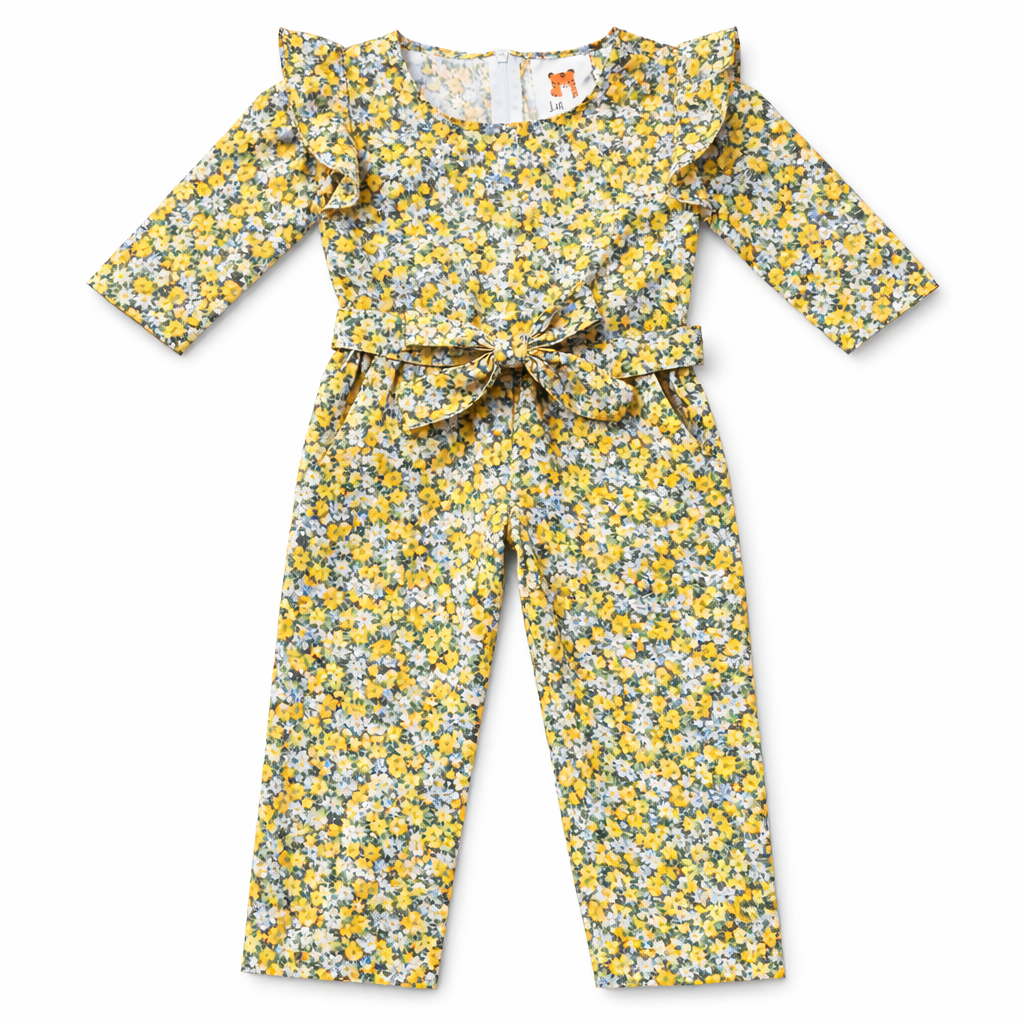 Girls yellow floral jump dress by lilcubspk featuring a sleeveless design and a vibrant floral pattern.