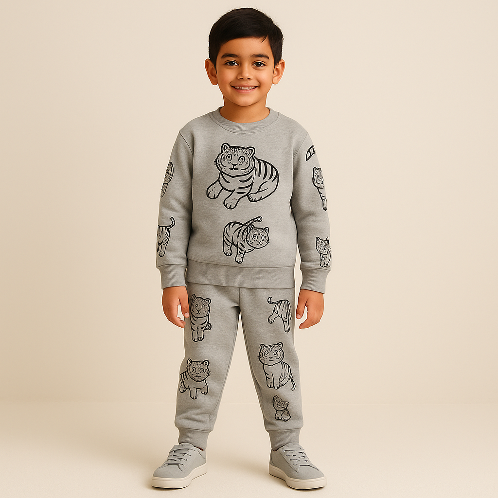 Grey tiger printed fleece tracksuit set for boys by Lil' Cubs, suitable for winter wear, featuring a comfortable hoodie and matching pants.
