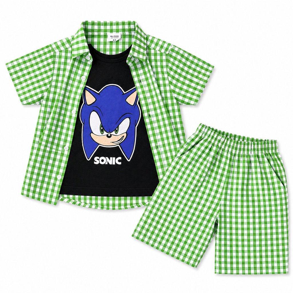 Light green check Sonic summer coord set for boys, includes matching top and shorts, from lilcubspk for ages 1 to 12 years.
