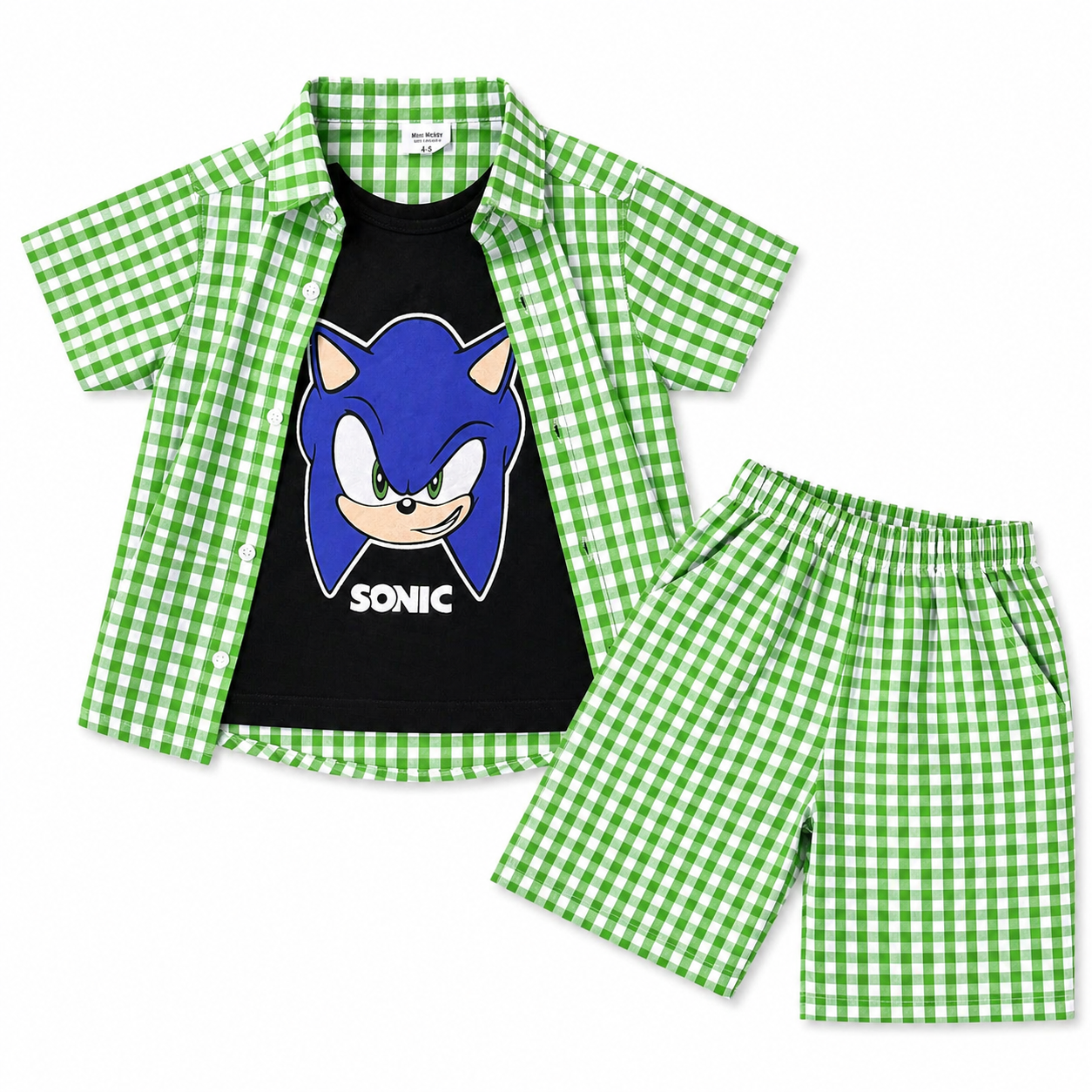 Light green check Sonic summer coord set for boys, includes matching top and shorts, from lilcubspk for ages 1 to 12 years.